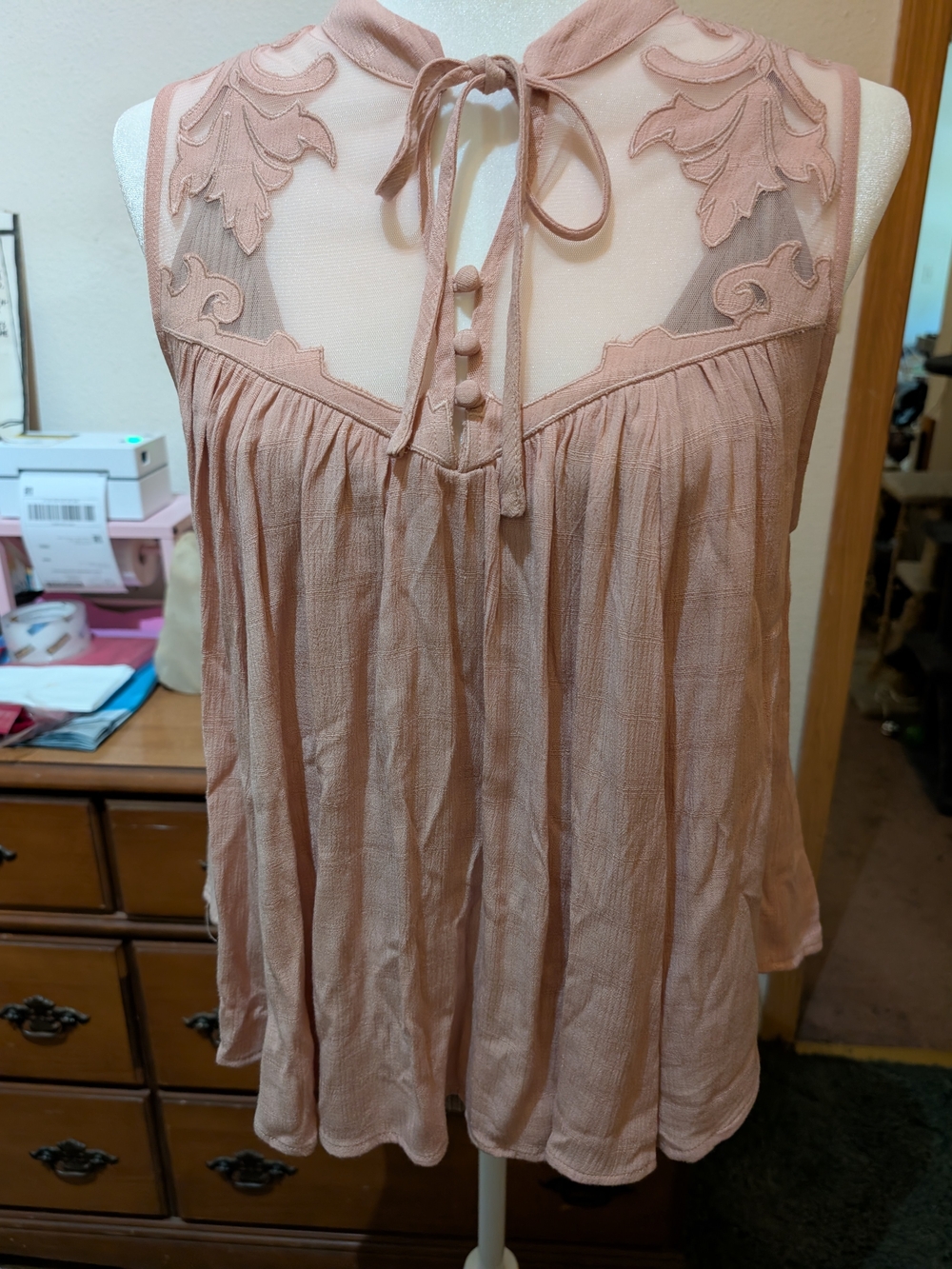 Free People -Women’s Sleeveless Mesh Yoke Tie Neck Top- Dusty Rose